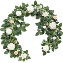 Ling's Moment 5FT White Artificial Flower Garland Fake Rose Green Leaves Floral Garland Arch Flowers Vine for Wedding Party Backdrop Decor Mantel Home Table Centerpieces Window Decorations