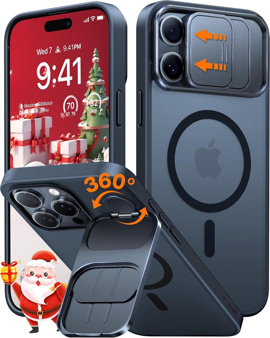 TORRAS for iPhone 15 Pro Max Case with Slide Camera Cover & Rotatable Kickstand, Magnetic Shockproof, Military Grade Drop Protection, Fit for MagSafe, Anti-Scratch Anti-Fingerprint, Translucent Black