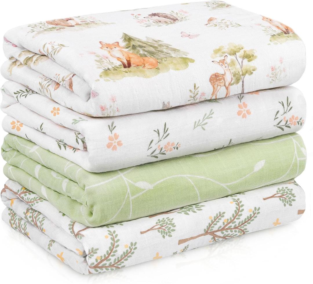 Muslin Swaddle Blankets for Newborn, 4 Pack Cotton Baby Blankets Neutral, Large 31.5 x 43.3 Breathable Soft Receiving Blanket, Essentials Swaddle Wrap Burping Clothes, Green Jungle Animal