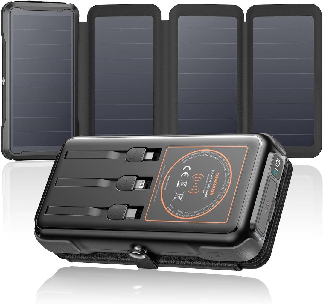 SOARAISE Wireless Solar Power Bank, 25000mAh Solar Charger with Built-in 3 Cables, Dual Outputs, 4 Solar Panels & 3 LED Flashlights, Portable Phone Charger for Outdoor CampingBlack