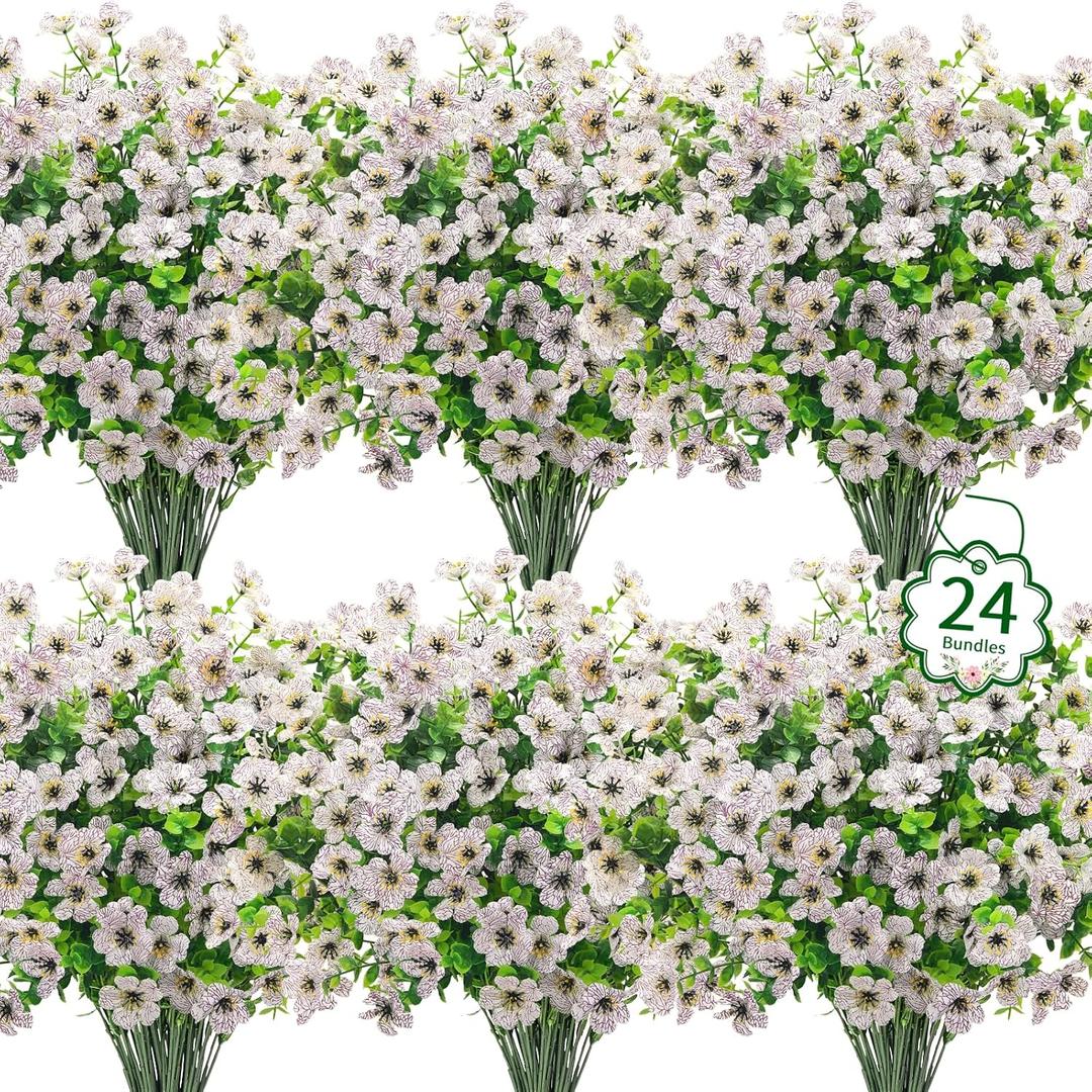 Ouddy Decor 24 Bundles Artificial Flowers for Outdoors Fake Silk Flowers UV Resistant Faux Plastic Plants for Spring Summer Garden Porch Window Box Table Vase Home Indoor Outdoor Decoration, White