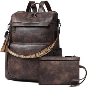 Shrrie Vegan Leather Laptop Backpack for Women 15.6 inch Work Backpack Fashion Travel Backpack Purse for Travel College Work (2 Two-toned Coffee)