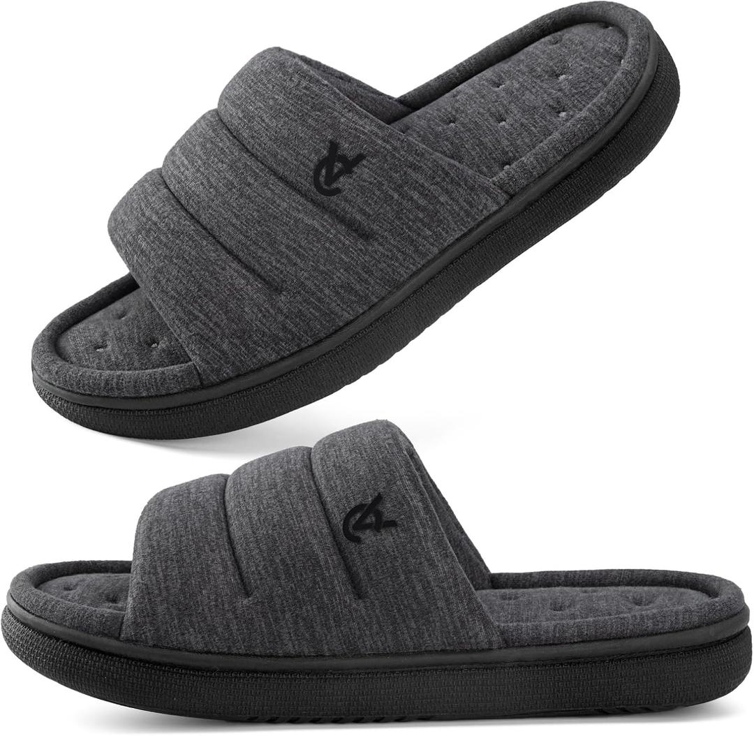 VeraCosy Mens Open-Toe Slippers Memory Foam Indoor Outdoor House Shoes (11-12, Matt Black)