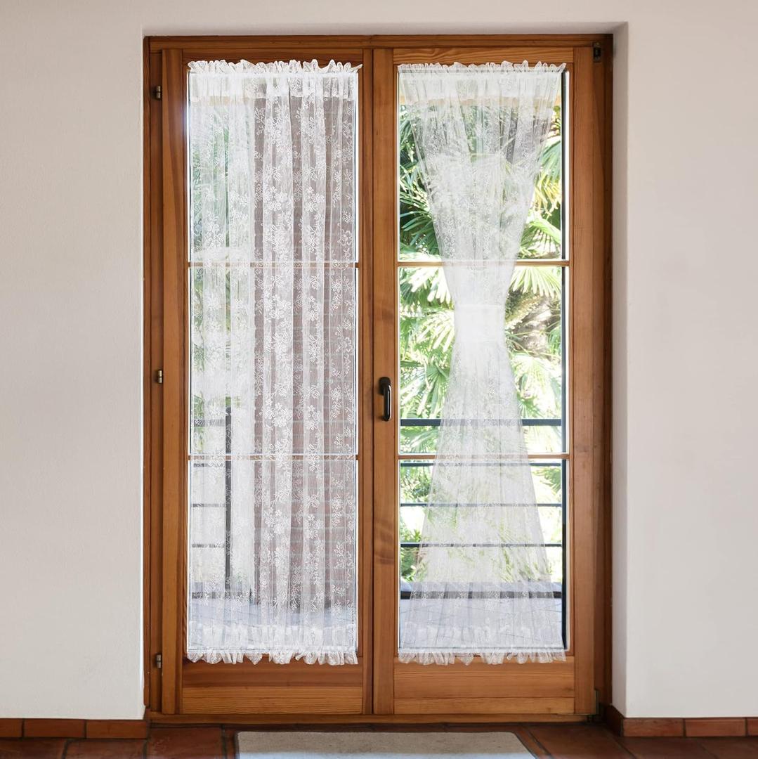 Lace Sheer Curtains French Sidelight Panels for Front Glass Door, Rod Pocket Floral Half Short Door Curtains with Tiebacks, 25" W x 40" L, 2 Pieces