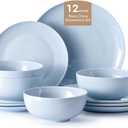KINGSTONE 12-Piece Bone China Dinnerware Set for 4, Lightweight Porcelain Round Plates and Bowls Set, Durable Scratch Resistant Ceramic Dinner Set, Microwave & Dishwasher Safe, Misty Blue