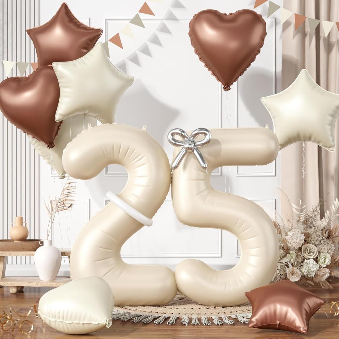 25 Cream White Balloons, 25 Number Balloons Set, Beige Number 25 Balloons, Brown Sand White Foil Star Heart Balloon With Long Balloon For 25th 52nd Birthday Party 1st 5th Baby Shower Decor
