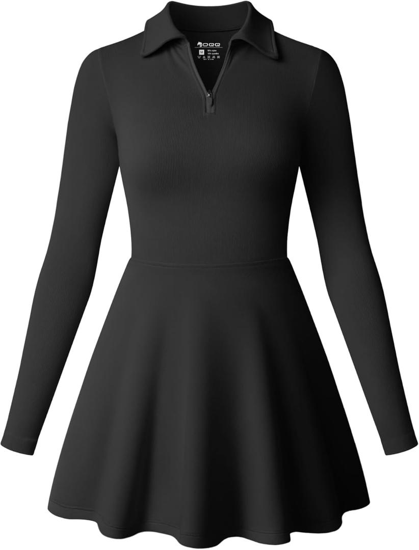 OQQ Womens Dress Casual Long Sleeve Elastic Simple A-Line Zipper Mini Dress (M)
