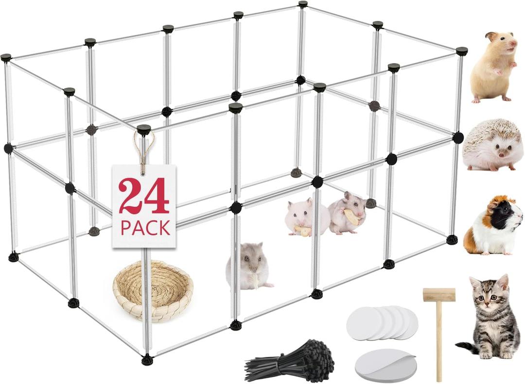 24 Panels Portable Small Animals Playpen, 48"x 24"x 28" Transparent Pet Playpen, Portable Plastic Enclosure, Puppy Play Pen for Indoors Outdoor Pet Fence for Guinea Pigs, Bunny, Ferrets, Hamsters, Hedgehogs