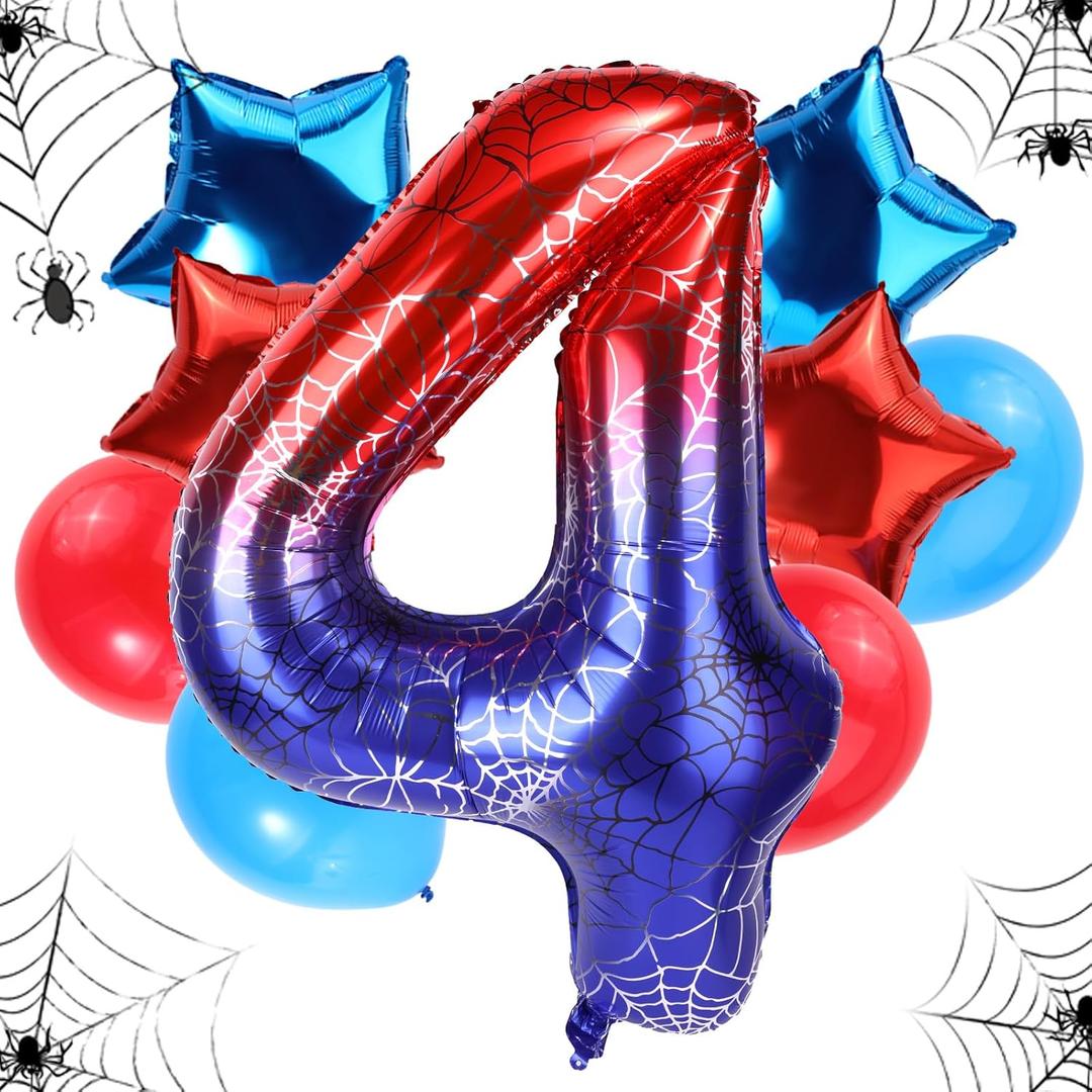 Spider Themed Birthday Balloons Set, 47in Giant Foil Spider Web & 4pcs Star & 4pcs Round Red Blue Balloons Ideal Birthday Cartoon Theme Party Decorations and Favors(Number 4)