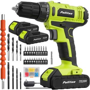 PULITUO'S 20V Cordless Drill/ Driver, Electric Screwdriver - 2 Batteries, 30Nm, 21+1 Torque, 2 Speed, Keyless 3/ 8" Chase Drill with LED Light, Kit for Home (Green)