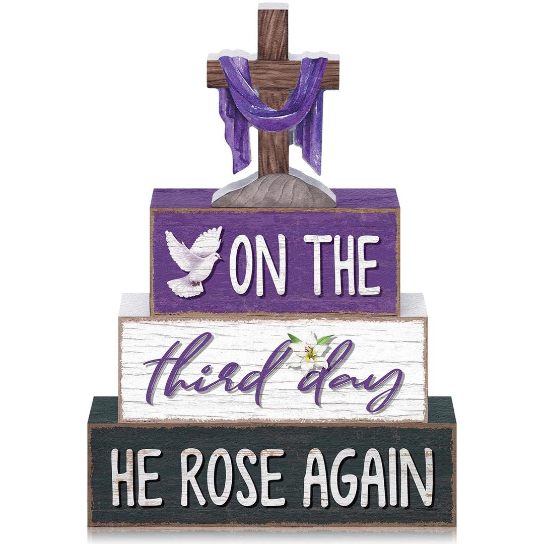 Yousoontic 4 Pcs He Is Risen Easter Tiered Tray Decorations Lent Resurrection Christian Wood Blocks with Cross, Dove, Lily Religious Farmhouse Table Decor for Spring, Holy Week, Easter Display
