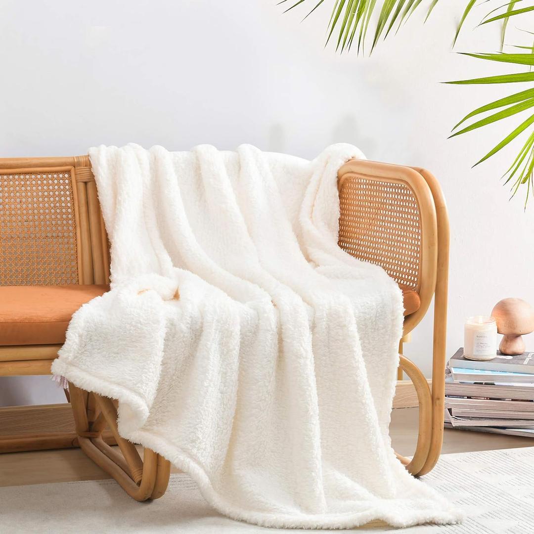 Ultra Soft Cozy Sherpa Throw Blanket, Solid Antique White Light Weight Warm Decorative Boho Style Plush Throw Blanket Cover for Sofa, Couch, Bedroom,Travel, Pattern Reversible, 50x60 (Throw-50'' x 60'', Antique White)