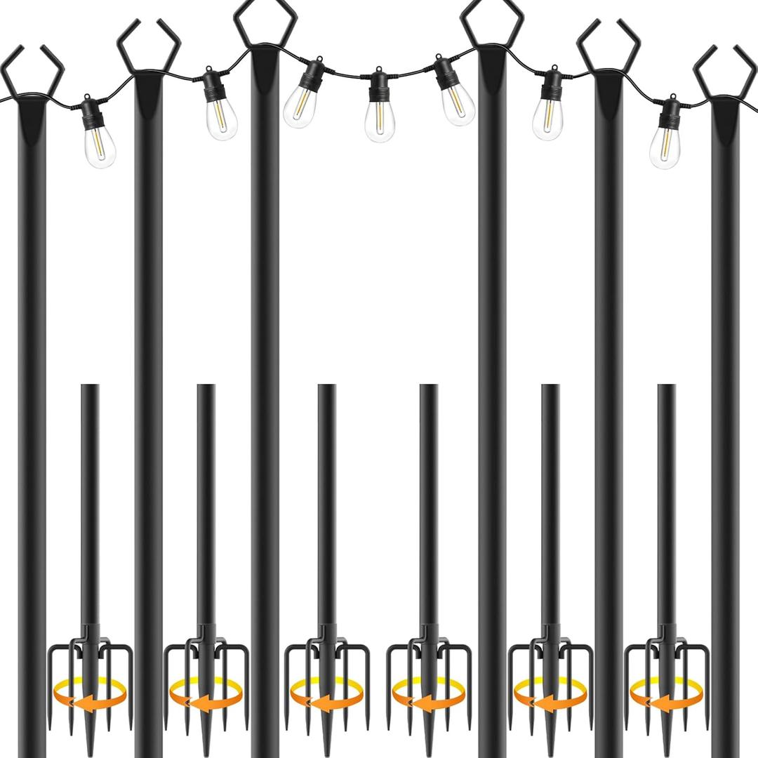 6 Pack 10 ft Heavy Duty Metal String Light Poles Adjustable Outdoor Lighting Stand for Patio,Backyard,Garden,Party & Wedding Rustproof & Sturdy with Hooks