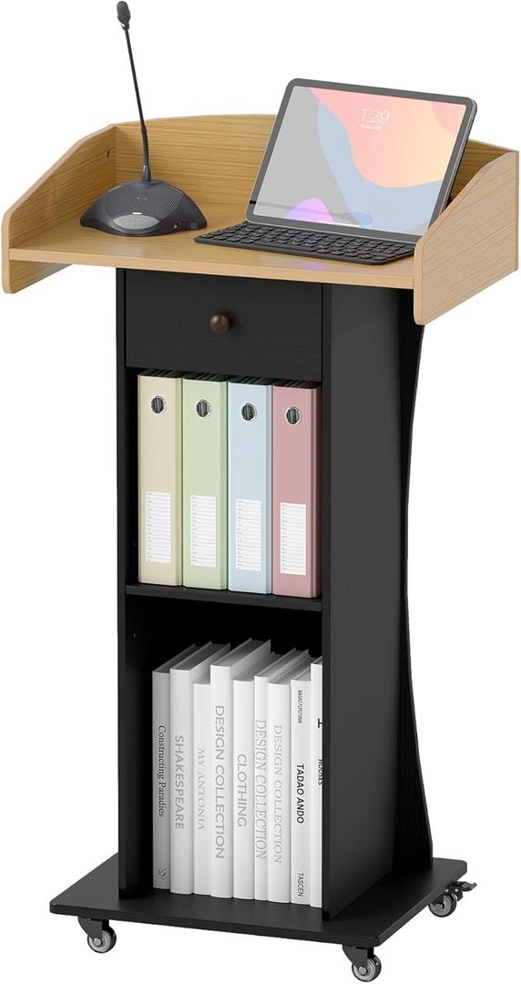Podium Stand with Metal Wheels Wooden Lectern Podium Stand Portable Pulpit Standing with Storage Mobile Reception Podiums for Church Office School Conference Restaurant Meeting, Wood+Black