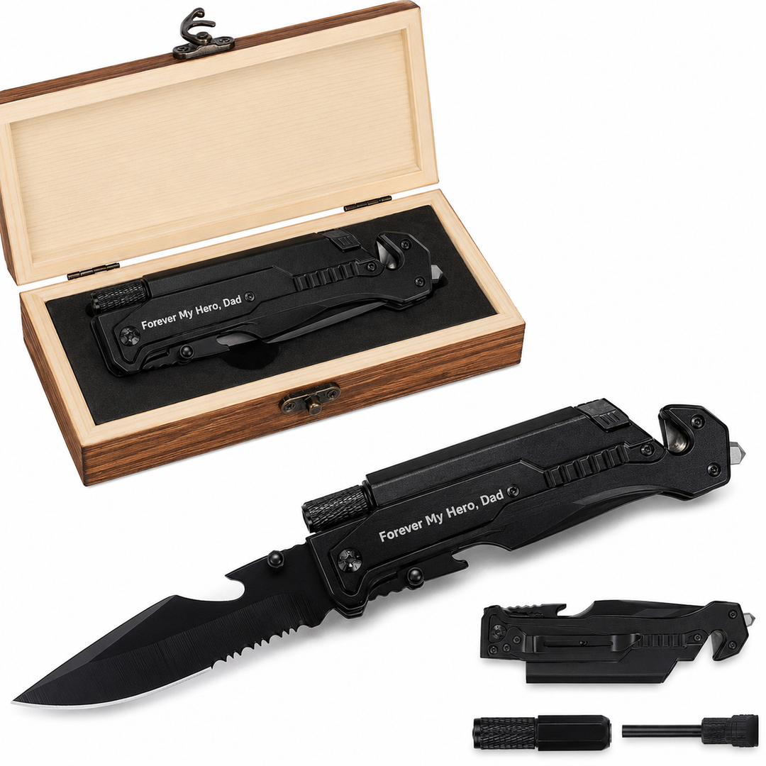 Gifts for Men Dad Fathers Day, Anniversary Birthday Gifts for Him Boyfriend Husband, Engraved Pocket Knife, Camping Hiking Multitool Knife Present, 7 in 1 Folding Knives with Wood Box, LED Light