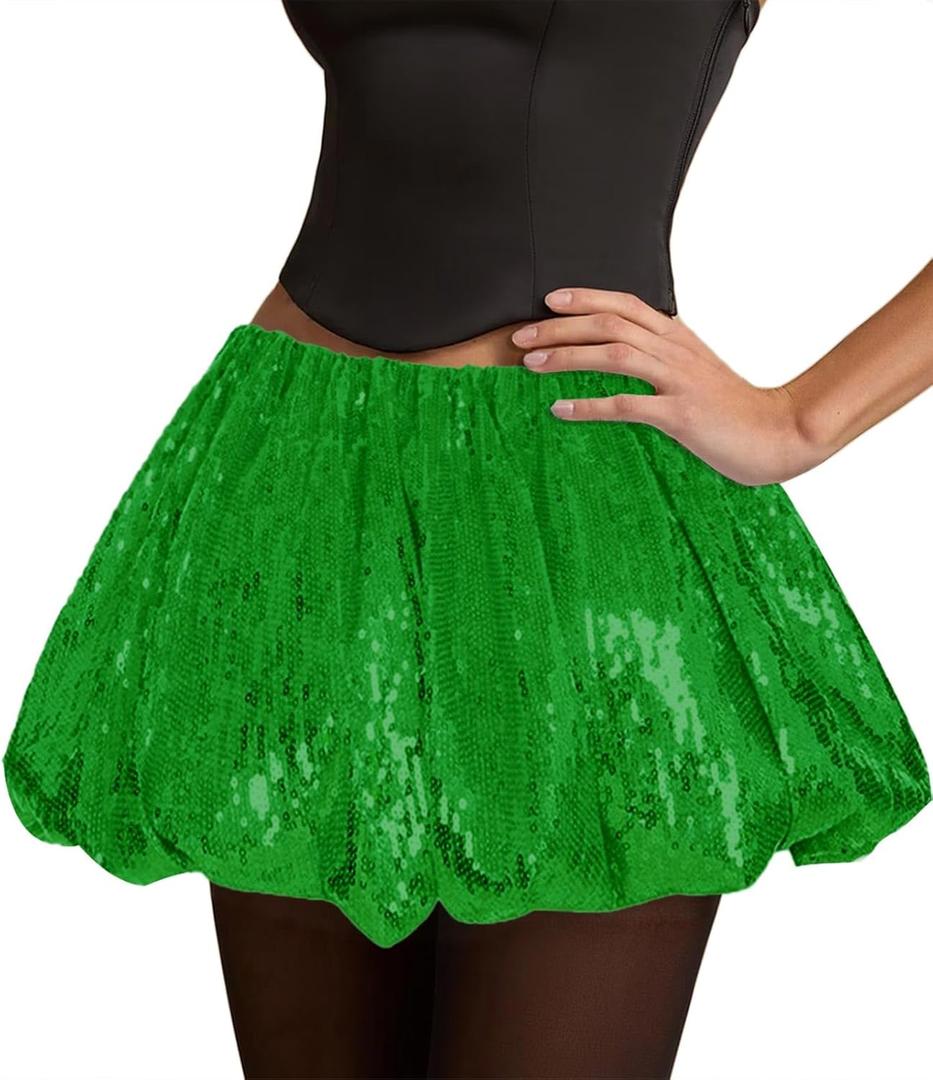 Women Sequin Sparkly Mini Skirt with Shorts Underneath for Concert Festival Rave Outfit Nye Costume (Medium, Green)