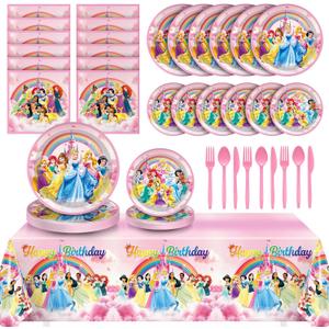 97 Pcs Princess Birthday Party Decorations, Princess Plates and Napkins Tableware for Party, Prin cess Decor Supplies Set for Girl Birthday Flower Fairytale Dinnerware Serve 16 Guests
