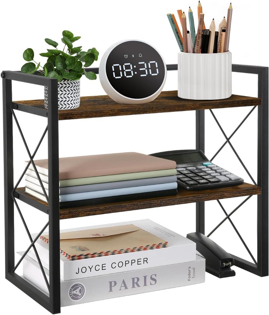 YINMIT Desktop Shelf Organizer, 2 Tier Office Shelves, Wood Desk Organizer Storage Rack and Freestanding Display Shelf for Office, Dormitory, Home (Retro)