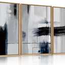 Abstract Blue and Gray Framed Canvas Print Wall Art Set,Modern Neutral Geometric Line Wall Decor,Minimalist Navy Blue Pastel Grunge Brush Strokes Artwork for Living Room,Bedroom-24 x36 x3