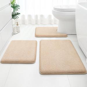 HOMEIDEAS Upgraded Bathroom Rugs Set 3 Piece, Extra Thick Absorbent Soft Memory Foam, Washable Toilet Bath Mat (Beige,17"x24"+20"x32"+U Shape 20"x24")
