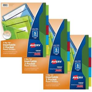 Avery Dividers for 3 Ring Binders, 5-Tab Sets, Two-Pocket Plastic Binder Dividers with Tabs, Multicolor, 3 Sets (71906)