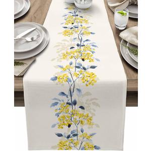 Spring Table Runner 90 Inches Long Summer Flower Wild Leaves Seasonal Runner for Tables Dining Room Blue White Yellow Floral Holiday Dinner Runner Party Table Decoration