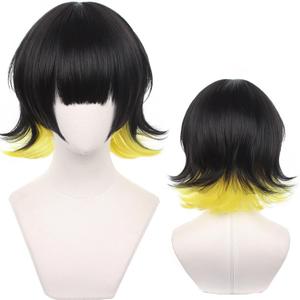 Anime Cosplay wig Black Yellow Heat Resistant Synthetic Hair For Man Women Halloween Party with Cap