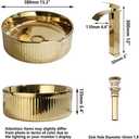 Bathroom Vessel Sink 15 Inch Gold Ceramic Vessel Sink with Waterfall Faucet and Pop-Up Drain Combo,Above Counter Round Bathroom Sink Bowl,Sink for Bathroom