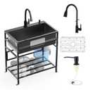Black 30x18 Inch Freestanding Utility Sink-Stainless Steel Laundry Sink Practicality With Accessories Black Stainless Faucet,Soap Dispenser, SS Sink Grid For Laundry,Garage,Outdoor Kitchen,Garden...