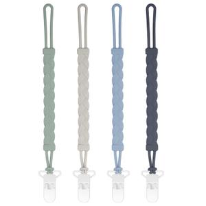 Stylish Silicone Pacifier Clips, 4-Pack Pacifier Holder with Flexible Woven Rope Design, 100% Food Grade Silicone, Easter Safe Essentials for Newborns Baby Boys and Girls (Dark Grey)
