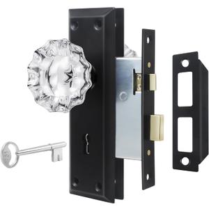 Upgraded Mortise Lock Set for Interior Door, Matte Black Vintage Style Crystal Glass Door Knobs with Lock and Skeleton Key, Old Style Door Knobs Reversible for Left & Right Handed Door (Interior Mortise)