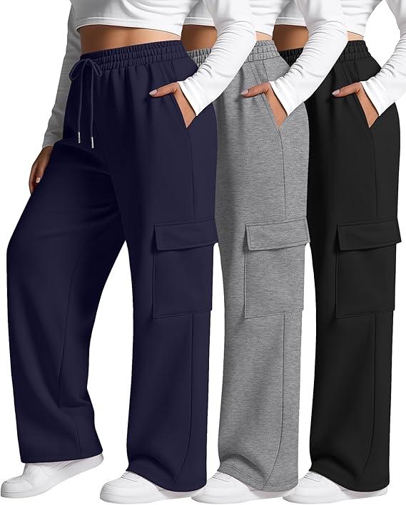 Neer 3 Pack Women's Plus Size Cargo Sweatpants Wide Leg Drawstring Bottom Pants Baggy Loose Casual Athletic Trousers(Black, Heather Gray, Navy Blue,X-Large)
