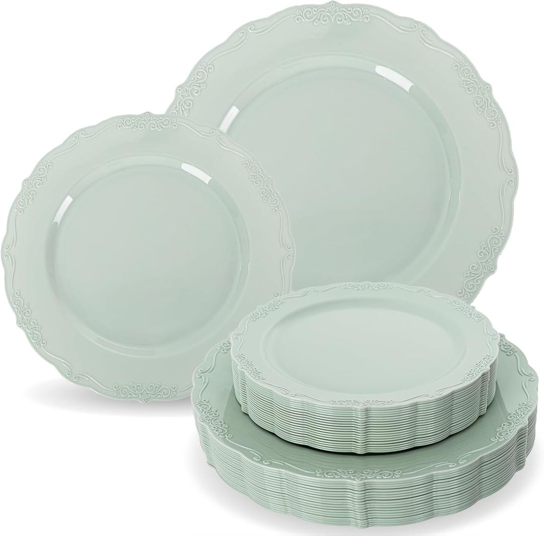 Tinybee 60PCS Sage Green Plates - Heavy Duty Sage Green Disposable Plates, Elegant Plastic Plates for Bridal Shower, Wedding and Party Including 30 Dinner Plates 10 '' & 30 Dessert Plates 7.5 ''