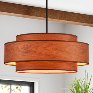 Farmhouse 23.6" Large Drum Wooden Chandelier Vintage 6-Lights Chandelier with Wooden Finish Linen Shade Modern Retro Drum Chandeliers for Dining Room, Kitchen Island, Living Room, Bedroom