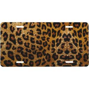 Glitter Leopard Print Front License Plate for Women Car Vanity Plates Decorative Aluminum Metal Cute Novelty License Plate Cover for Men 6x12 Inch (4 Holes)