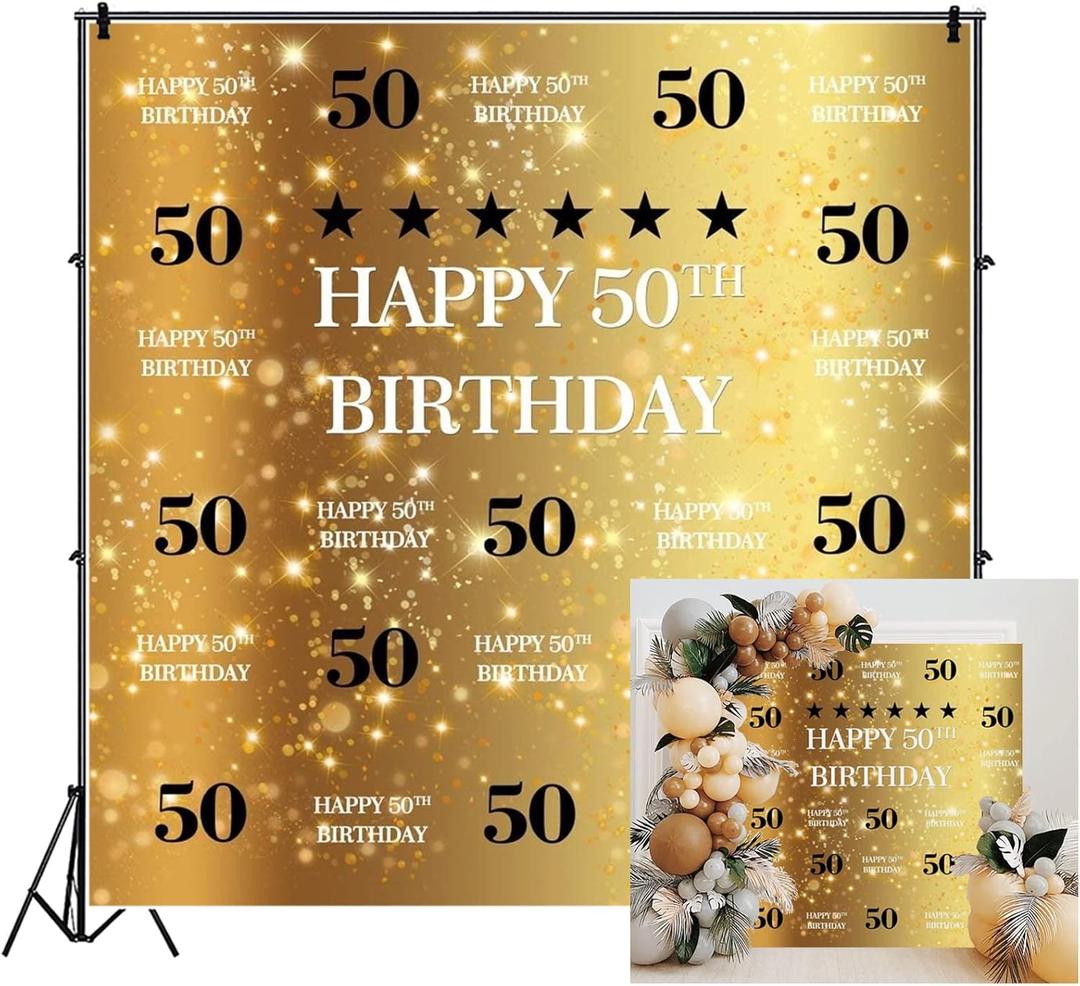 8x8ft Happy 50th Backdrop Black and Gold Theme Birthday Party Background for Photography Gold Black Birthday Bash Ornament Family 50 Years Old Celebration Photo Wallpaper