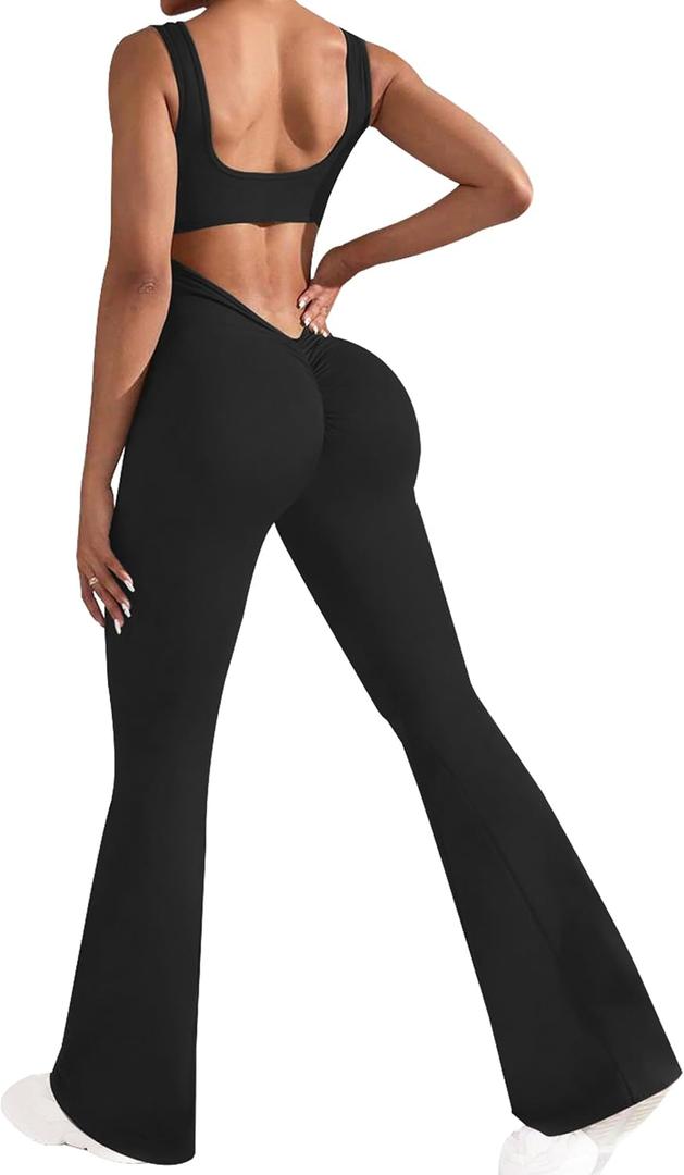 OLCHEE Womens Flare Jumpsuits One Piece Seamless Butt Scrunch Workout Romper Square Neck Backless Wide Leg Unitard - Black Small OLCHEE Womens Flare Jumpsuits One Piece Seamless Butt Scrunch Workout Romper Square Neck Backless Wide Leg Unitard - Black Small