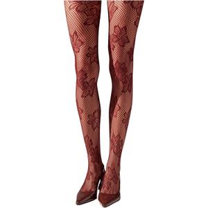 Milumia Women's Floral Lace Fishnet Tights Rose Pattern Sheer Mesh Pantyhose Stockings (All Burgundy)