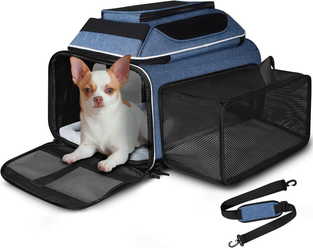 Petskd Top and Side Expandable Pet Carrier 18x13x9.5 Inches Southwest Airline Approved, Soft-Sided Carrier for Small Cats and Dogs with Locking Safety Zippers and Anti-Scratch Mesh (Blue)