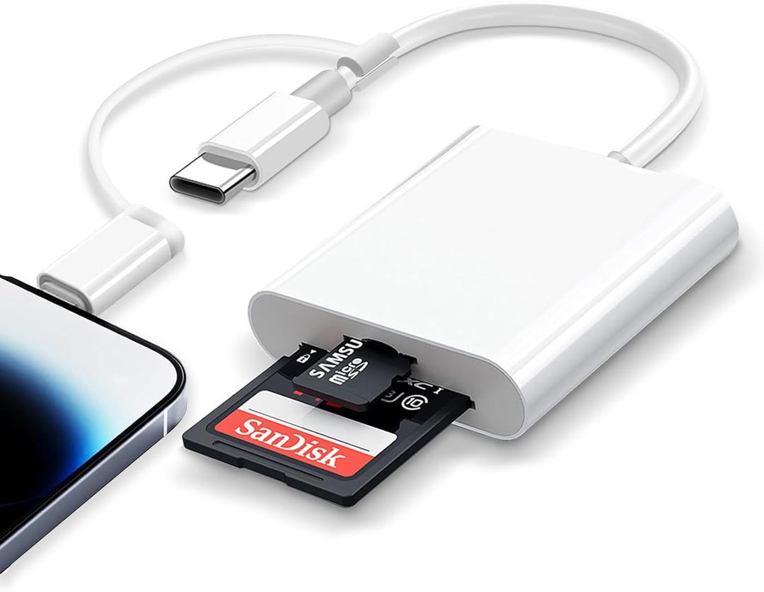SD Card Reader for iPhone iPad, 2 in 1 SD Card to iPhone, Dual Connector(Lightening&USB-C) Dual Slots MicroSD/SD Memory Card Adapter Trail Camera Viewer for Devices with iOS/Android/Other System
