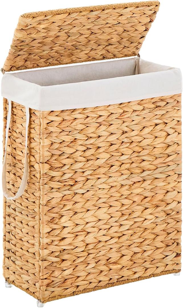 Handwoven Slim Laundry Hamper with Lid, Narrow Wicker Laundry Basket, Natural Water Hyacinth Basket and Handleswith Removable Liner Bag & 2 Mesh Bags (Natural with Lid, 55L)