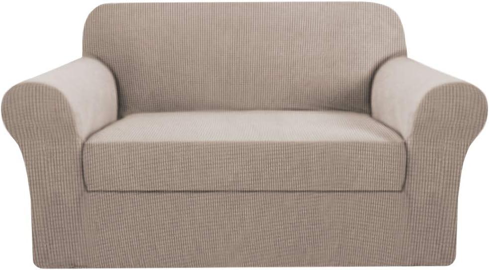 H.VERSAILTEX 2 Pieces Loveseat Covers Fit Lovesat Width Up to 70 Inch Furniture Cover/Protector, Jacquard Spandex Stretch Loveseat Slipcovers Suit for T Cushion/Box Cushion (Loveseat, Sand)