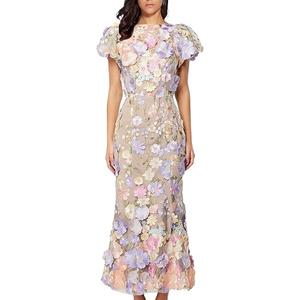 Women's 3D Floral Embroidery Dress Ruffle Sleeve Fishtail Lace Bodycon Party Cocktail Mini Dress S