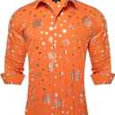 DiBanGu Men's Silk Paisley Dress Shirt Formal Long Sleeve Button-Down Casual Shirts for Wedding Party (Orange)