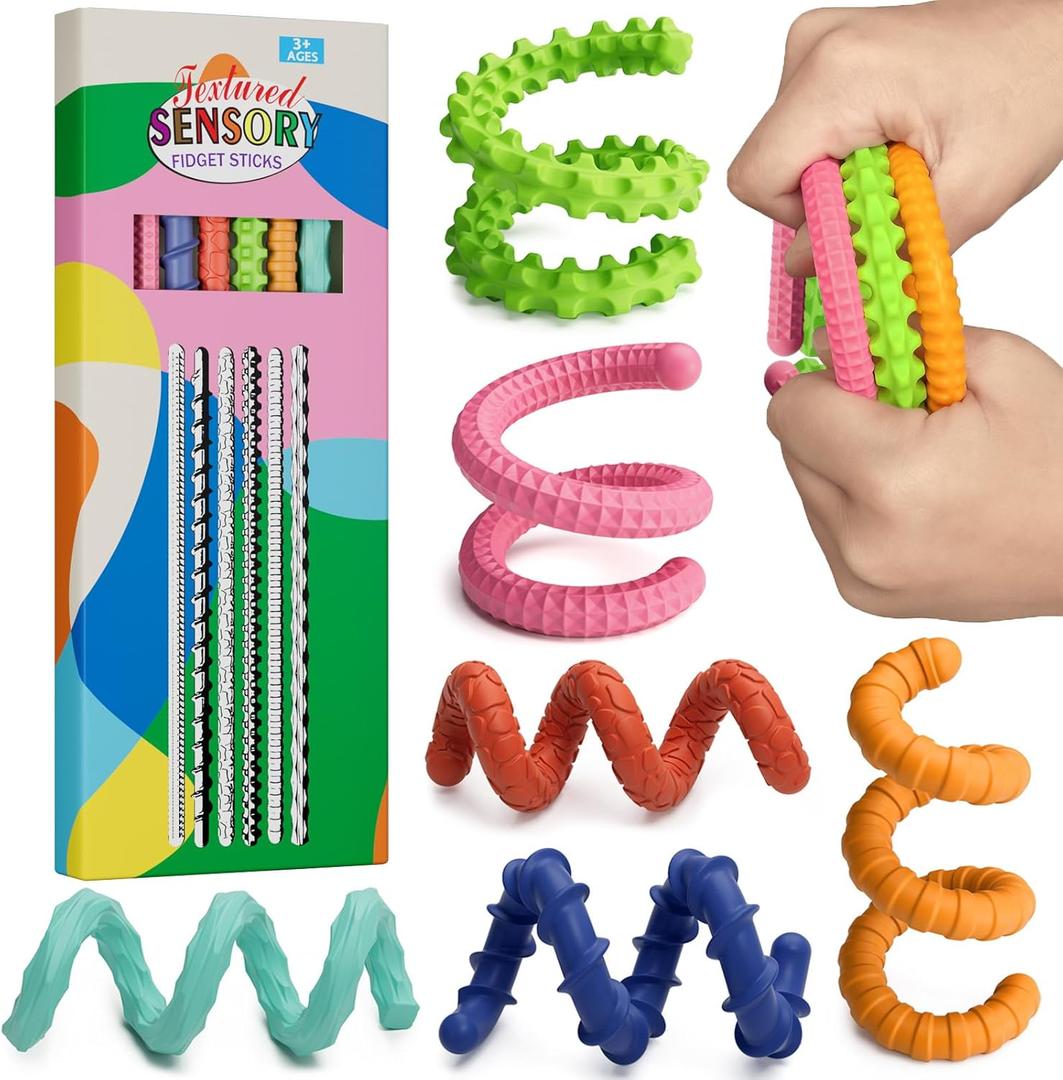 Sensory Fidget Toys for Kids Adults,6PCS Flexible Fidget Sticks for Stress Anxiety Autistic ADHD, Calm Down Travel Airplane Classroom Students Prizes Toys, Stocking Stuffers for Teens Boys Girls