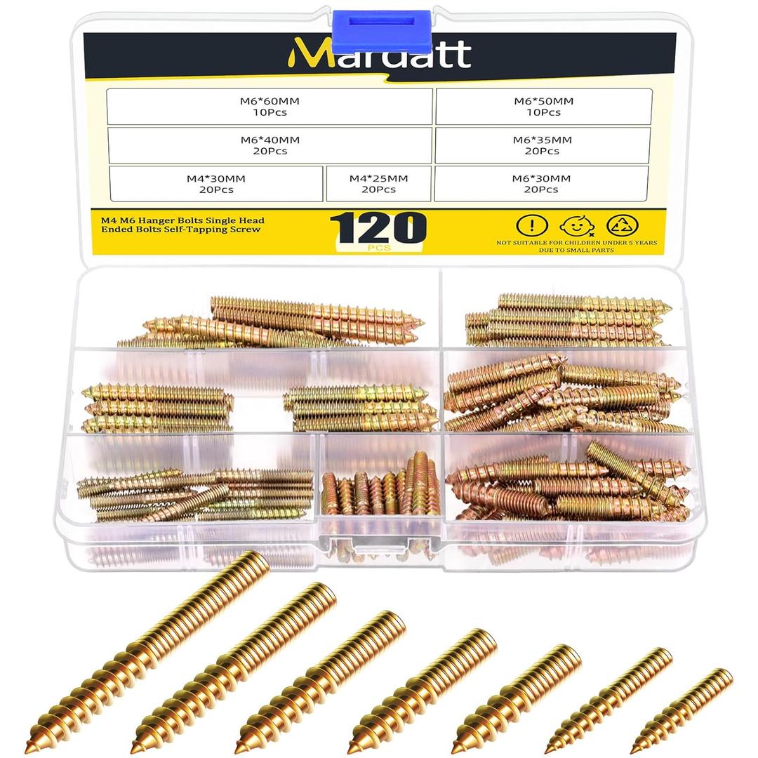120Pcs M4 M6 Hanger Bolts, Double Headed Bolts Self-Tapping Screw Hanger Bolts for Furniture Screws Double Screw Threaded Rods Bolt, M4x25, M4x30, M6x30, M6x35, M6x40, M6x50, M6x60 (Gold)