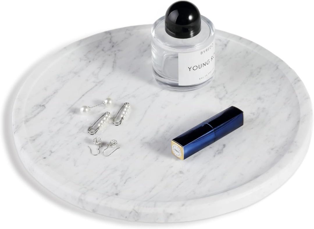 Natural Marble Serving Tray, 11.8in Round, Carrara Marble, Bathroom/Kitchen/Coffee Table Tray for Counter, Decorative Vanity for Catchall, Fruit and Snack