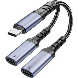 USB C Splitter 1 in 2 Out HiFi Audio Adapter, Dual USB C Headphone and Charger Adapter Support Call PD 60W Charge for iPhone 17/16 / 15 Series, MacBook, iPad, Galaxy S25 / S24 and More Cold Gray