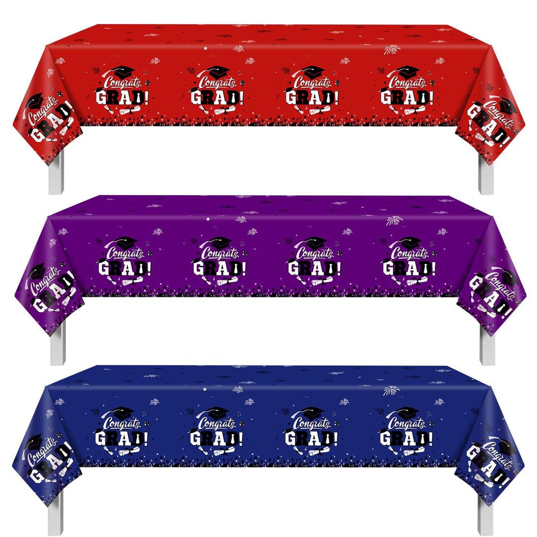 Qpout 3 Pack Class of 2026 Graduation Tablecloth Red Blue Purple Gradient Disposable Plastic Table Covers, Congrats Grad Table Decorations for 2026 Graduation Party Supplies
