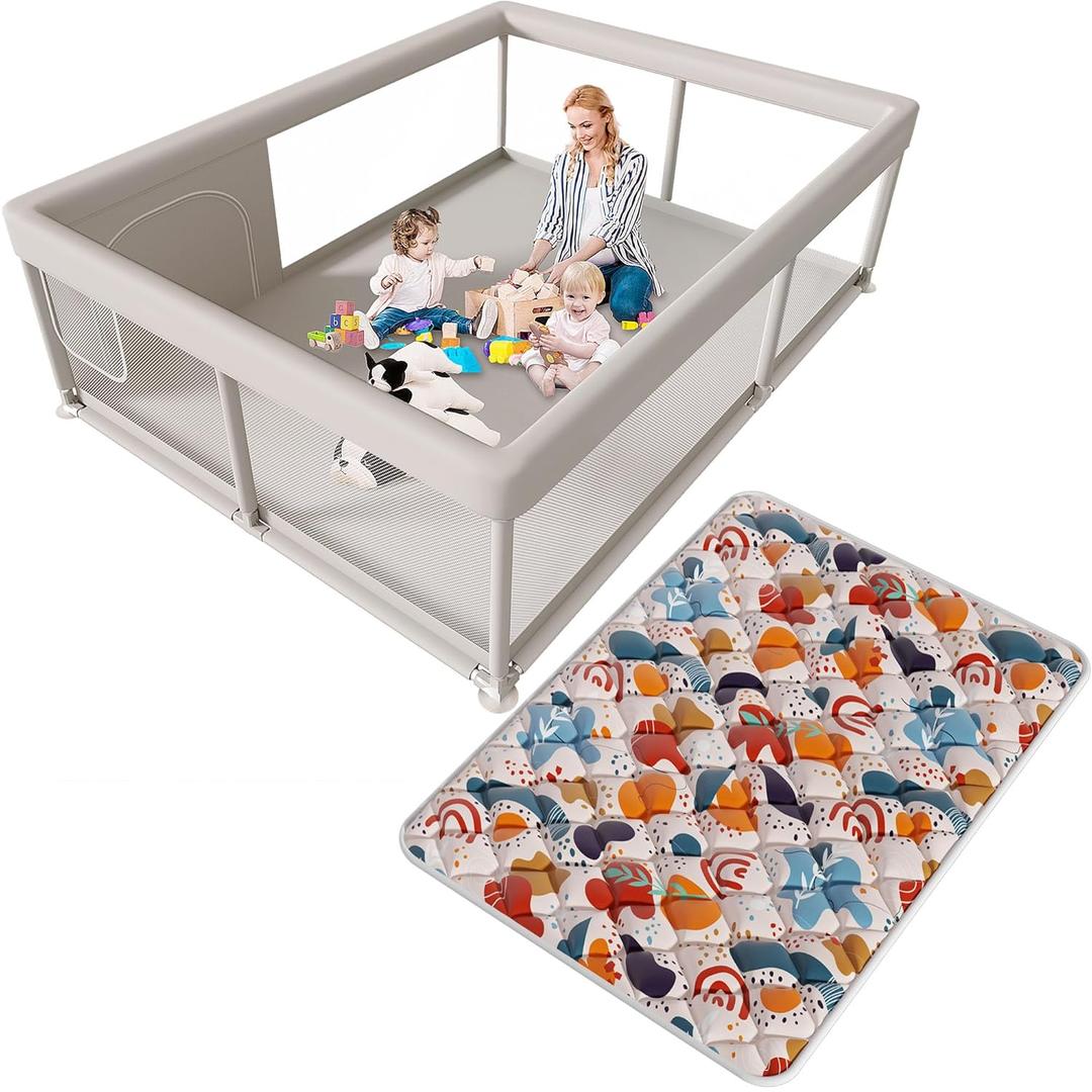 65 x 50 Inch Baby Playpen with Mat, PlayPen for Babies and Toddlers, Sturdy Safety Play Yard for Indoor & Outdoor with Zipper Gates, Anti-Fall (65IN*50IN+MAT, Gery)